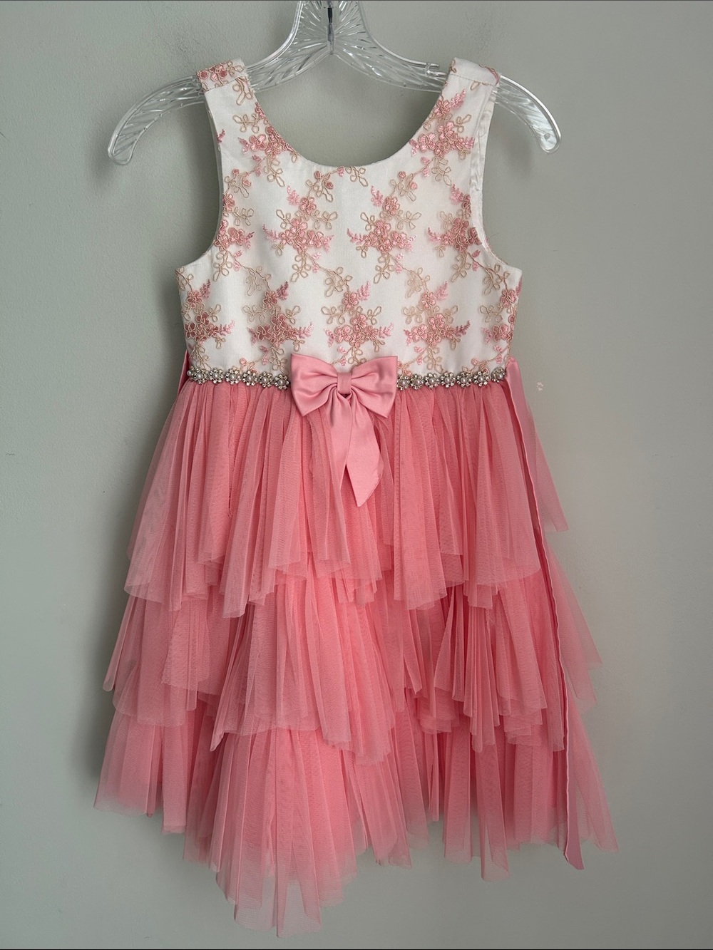 American Princess Pink and White Floral Embroidered Tulle Tiered Dress with Bow